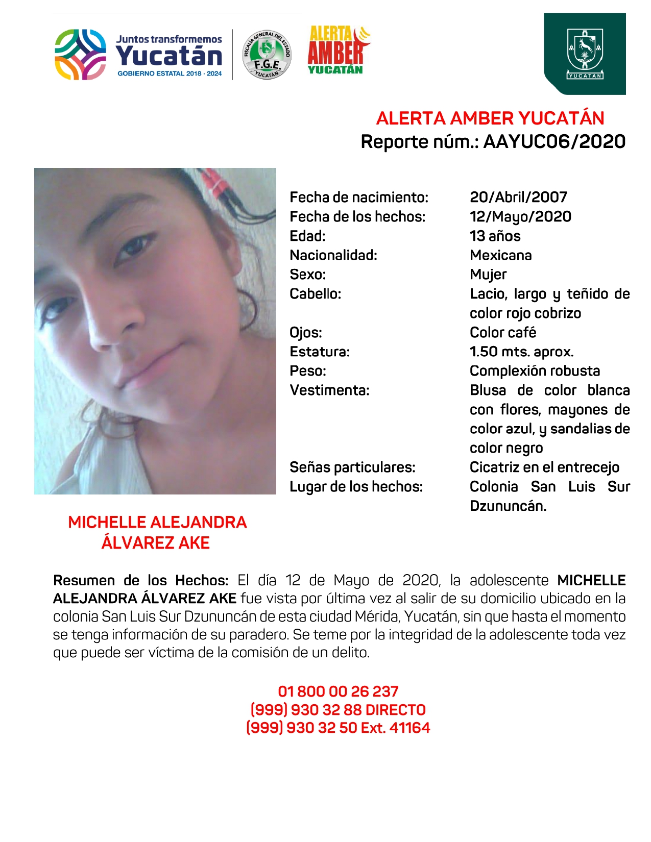 ACTIVACIÓN ALERTA AMBER ESTATAL MICHELLE ALEJANDRA ÁLVAREZ AKE DE 13 AÑOS (YUCATÁN)