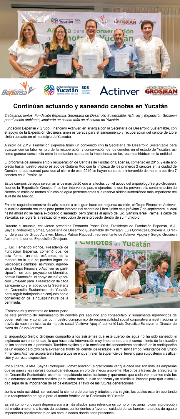 Continuan preservando cenotes en Yucatán en una alianza con Bepensa, Actinver y el Gobierno de Yucatán