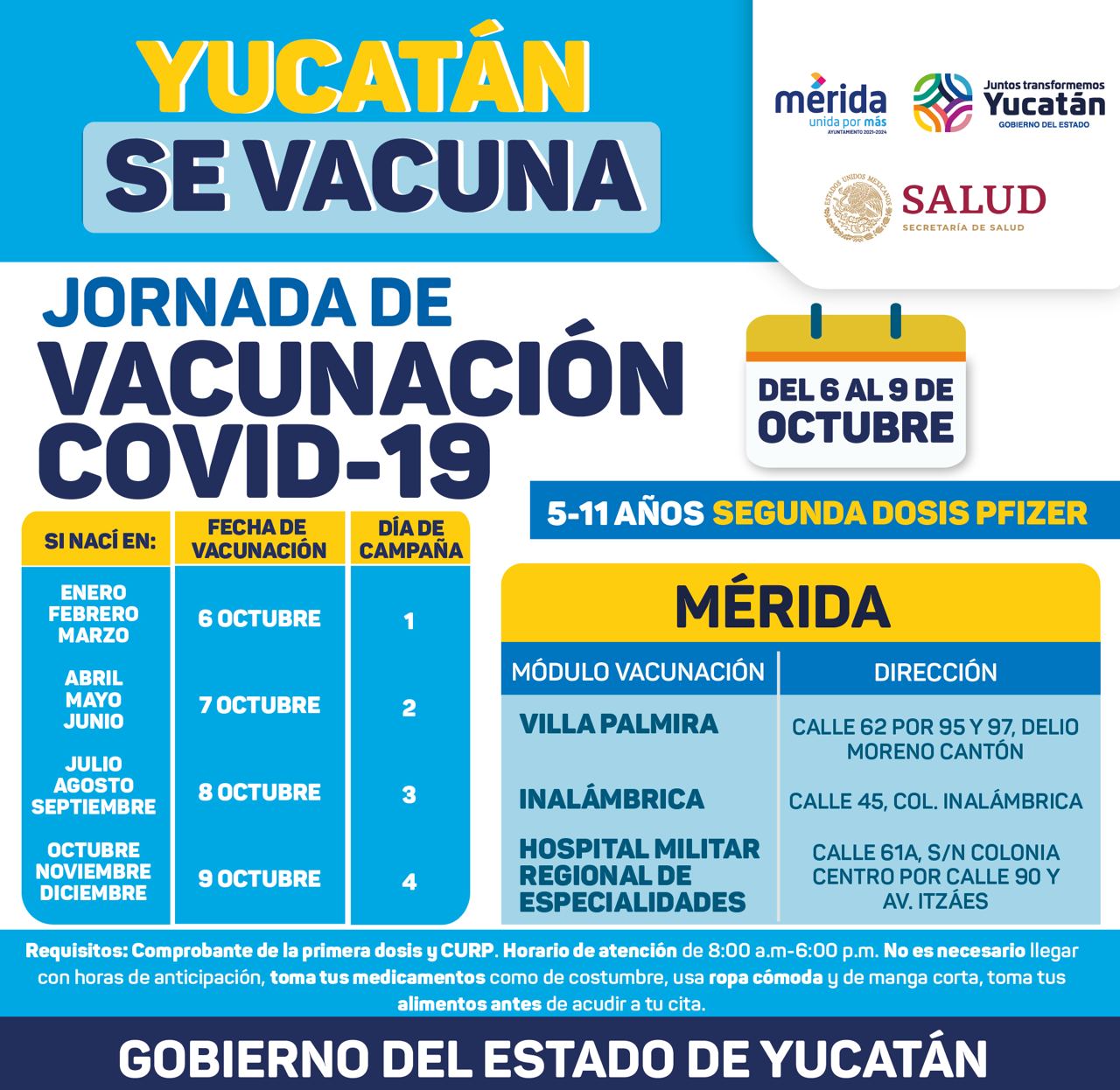 Del 6 al 9 de octubre se aplicará la segunda dosis de la vacuna contra el Coronavirus a menores de 5 a 11 años de Mérida