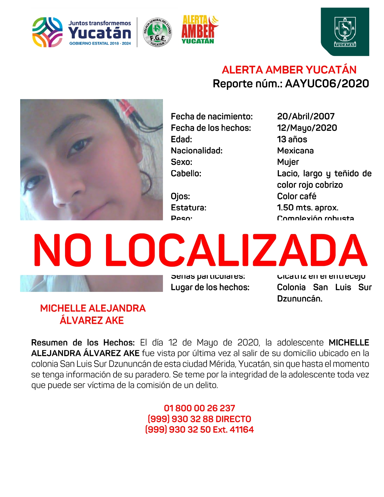 DESACTIVACIÓN POR TÉRMINO ALERTA ESTATAL MICHELLE ALEJANDRA ÁLVAREZ AKE DE 13 AÑOS (YUCATÁN)